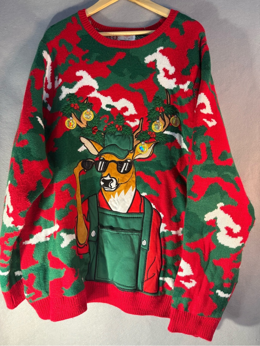 Holiday Time Camo Reindeer Ugly
Christmas Sweater Beer Holder Pocket Mens 3XL